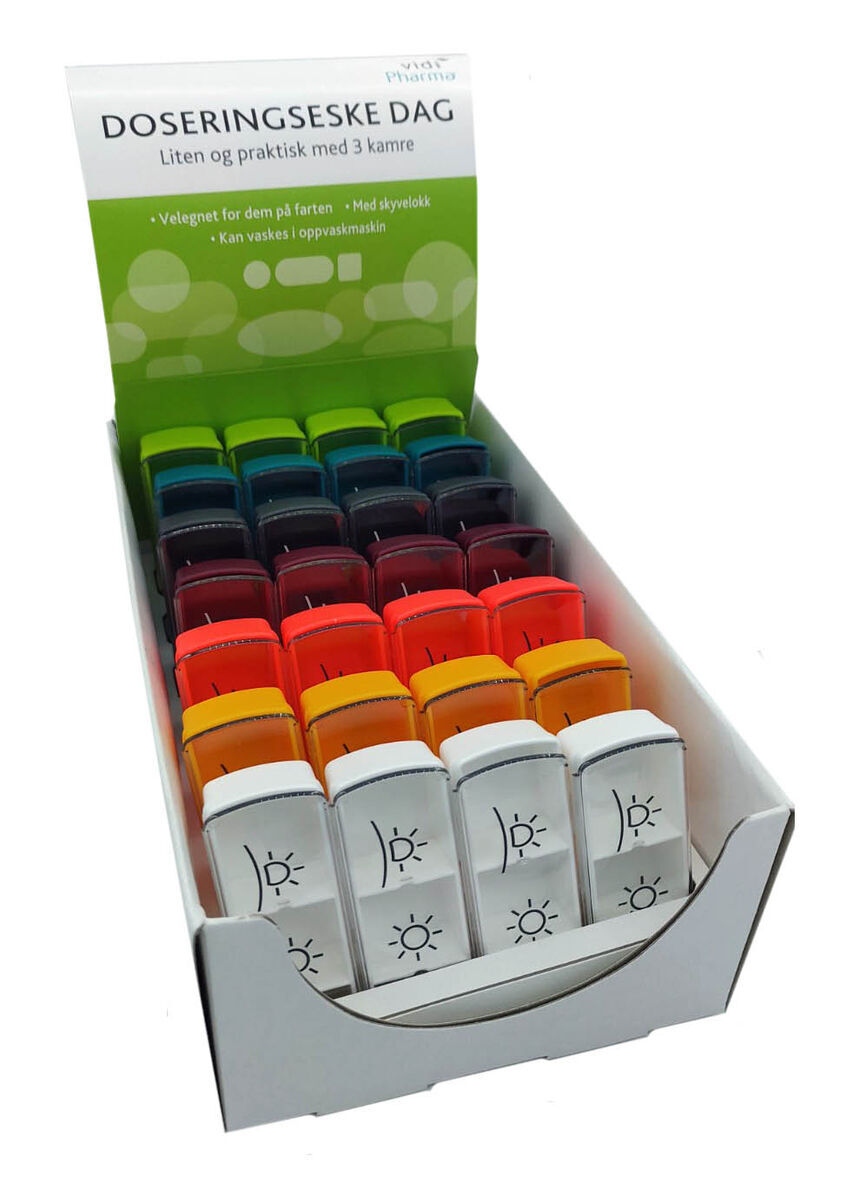 Doseringseske dag, 3 kamre, assorterte farger 1 stk