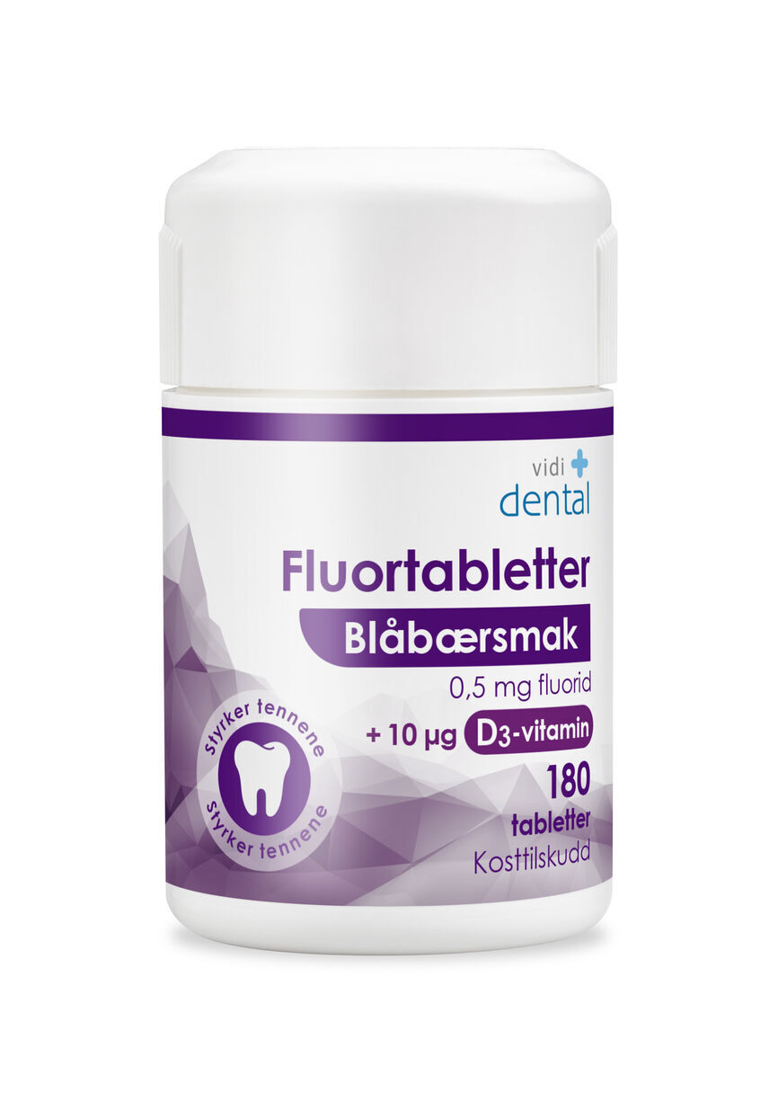Fluortabletter 0,5 mg blåbærsmak + D3 180 stk