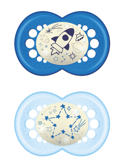 Night Napp 2-pack Silikon - 6-16 mån - MAM Blå (Tvättbjörn/Natthimmel)