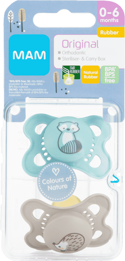 MAM Original 0-6m Latex 2-pack Blå (Tvättbjörn/Igelkott)